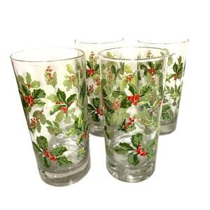 Vintage Libbey glass Christmas water highball glasses green & red holly set of 4
